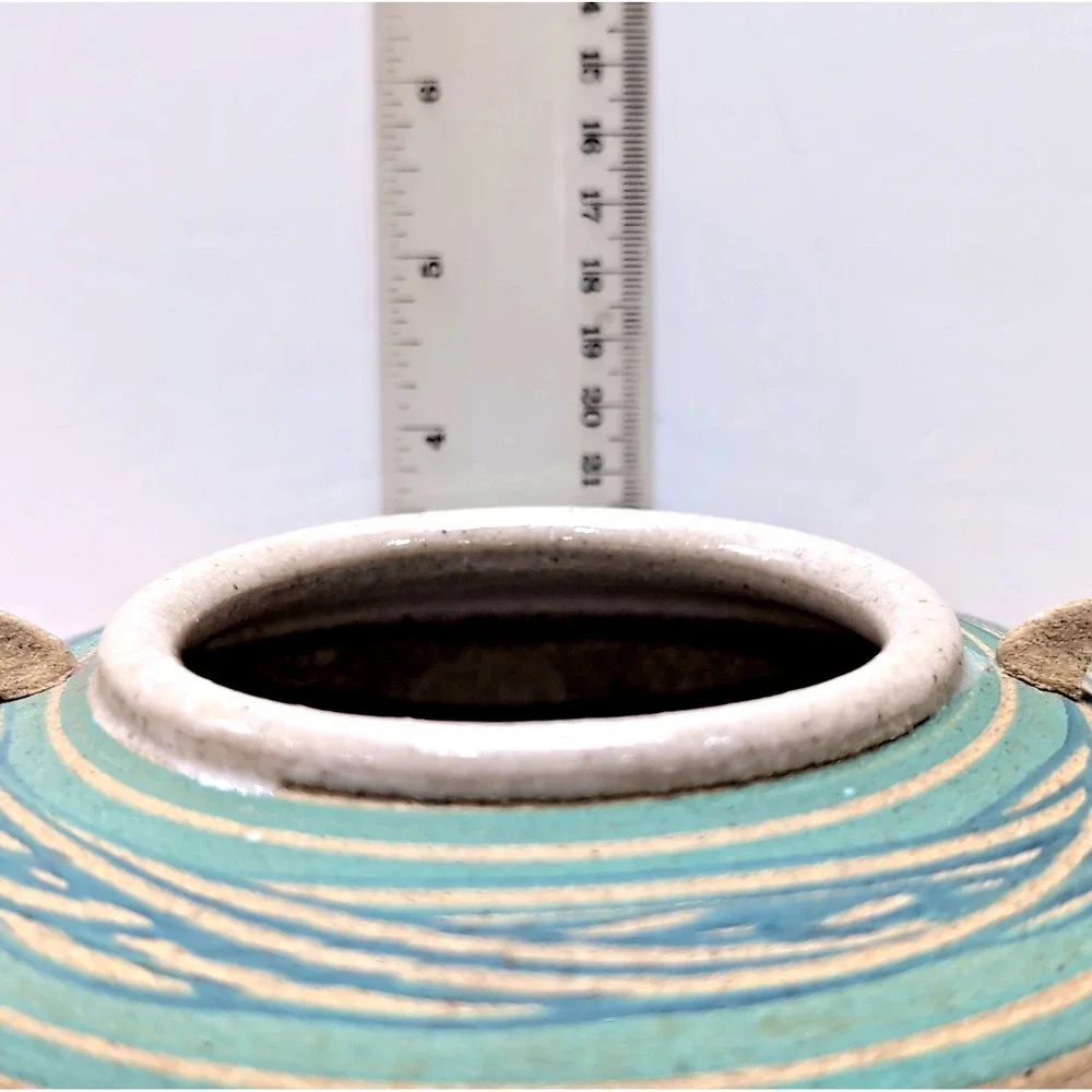 Studio Pottery Handmade Vase Handles Turquoise Blue Wave Glaze Beige Stoneware